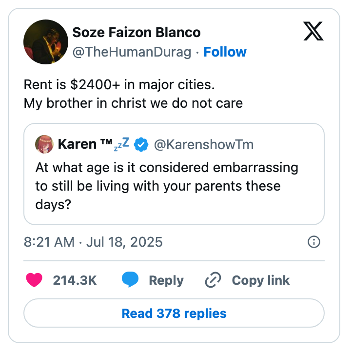 A tweet exchange with humorous commentary about high rent and living with parents. 