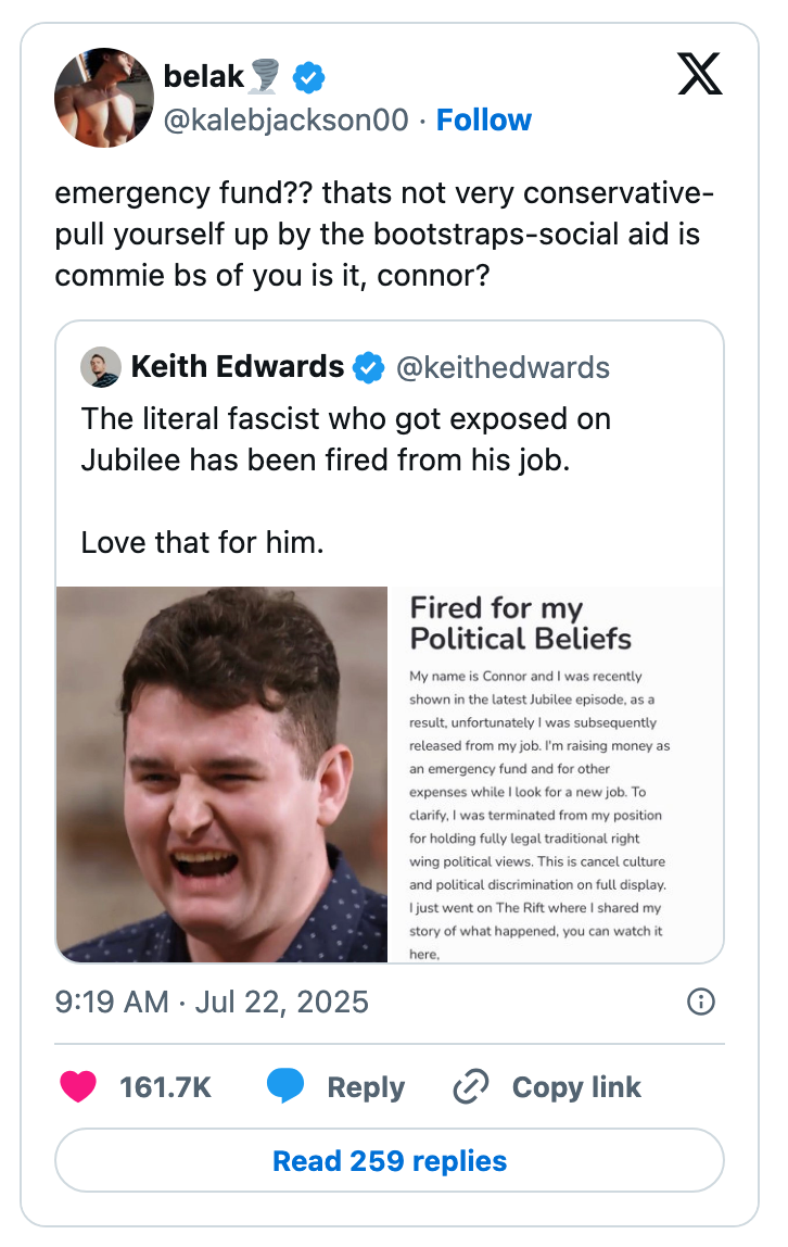 Screenshot of a tweet mocking a user&#x27;s conservative views for using emergency funds, with a tweet below about someone being fired for political beliefs