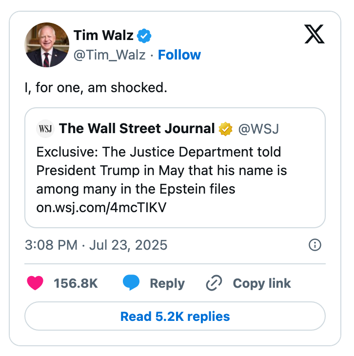 Tweet by Tim Walz expressing shock about a Wall Street Journal report linking President Trump to the Epstein files
