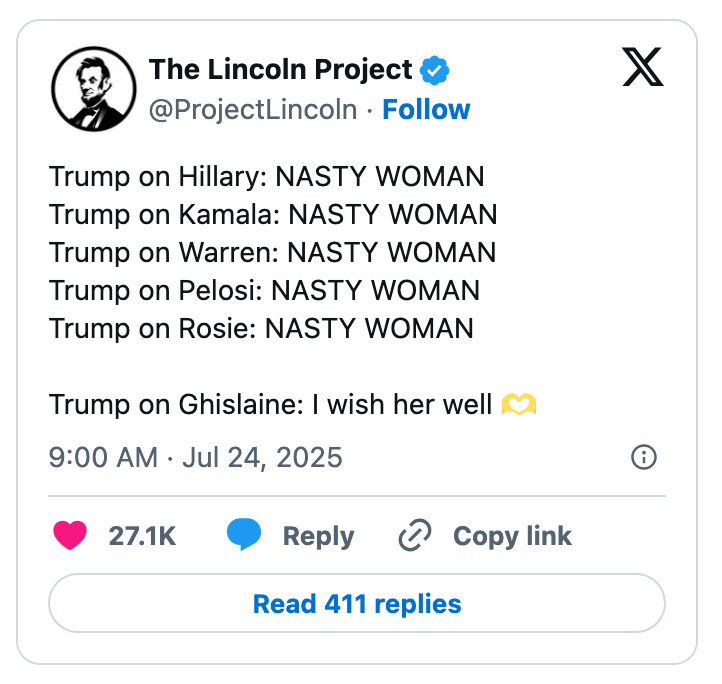Social media post listing Trump&#x27;s derogatory comments towards women and contrasting it with a courteous remark about Ghislaine Maxwell