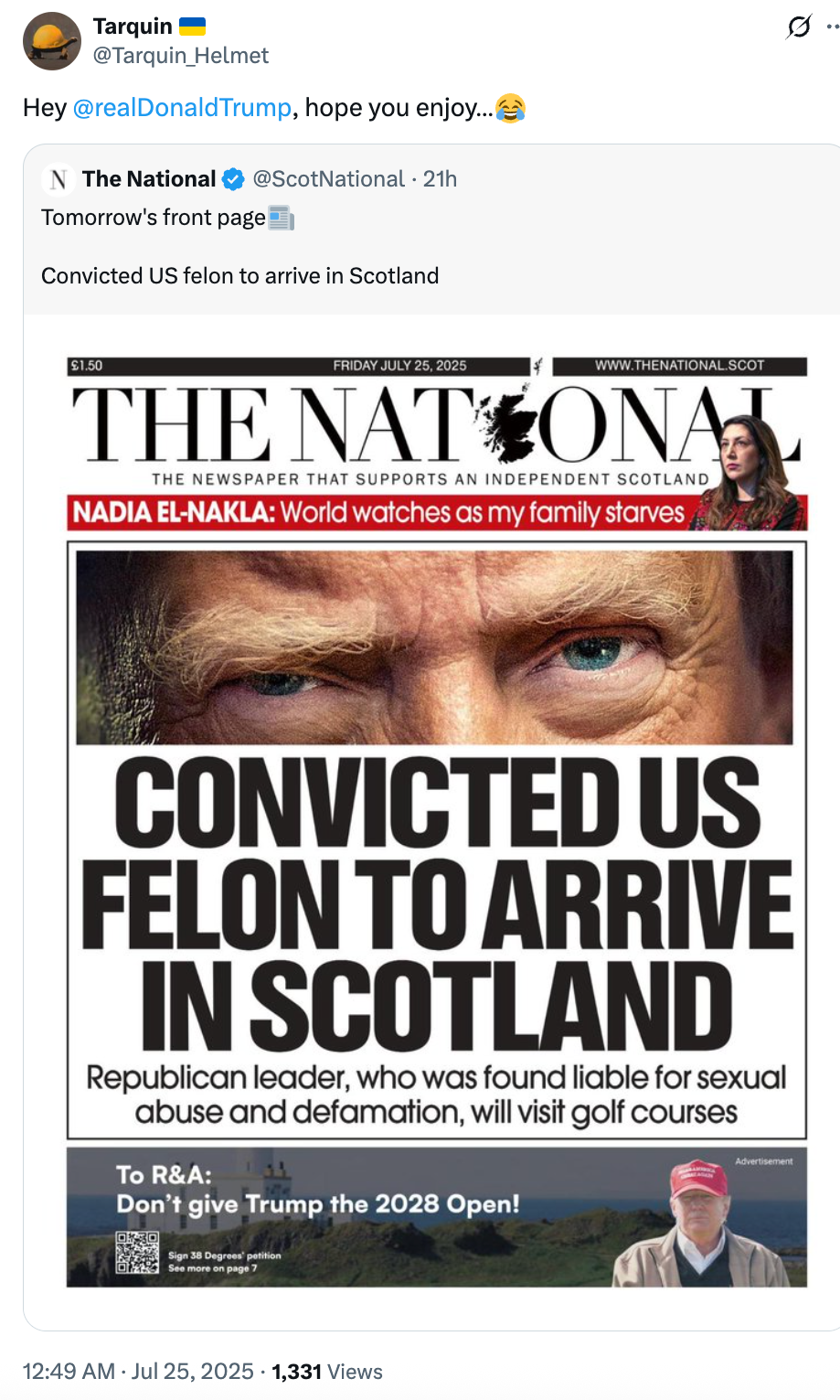 Newspaper front page with headline: "Convicted US felon to arrive in Scotland." Image shows a man's face above the headline
