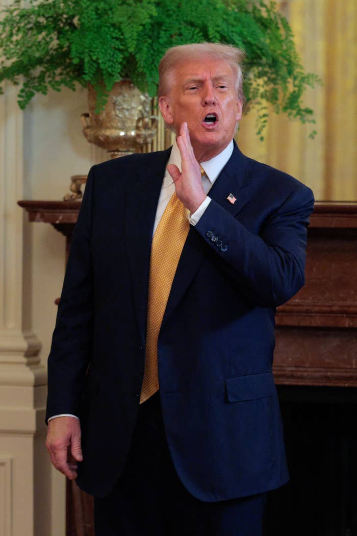 A person in a suit gestures while speaking in an indoor setting with plants and decor in the background