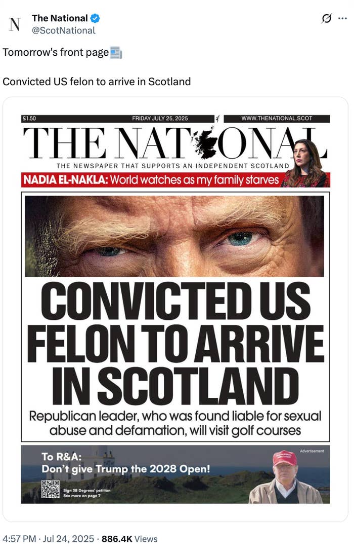 Newspaper front page headline reads: "Convicted US Felon to Arrive in Scotland." Sub-heading about legal trouble and visiting golf courses