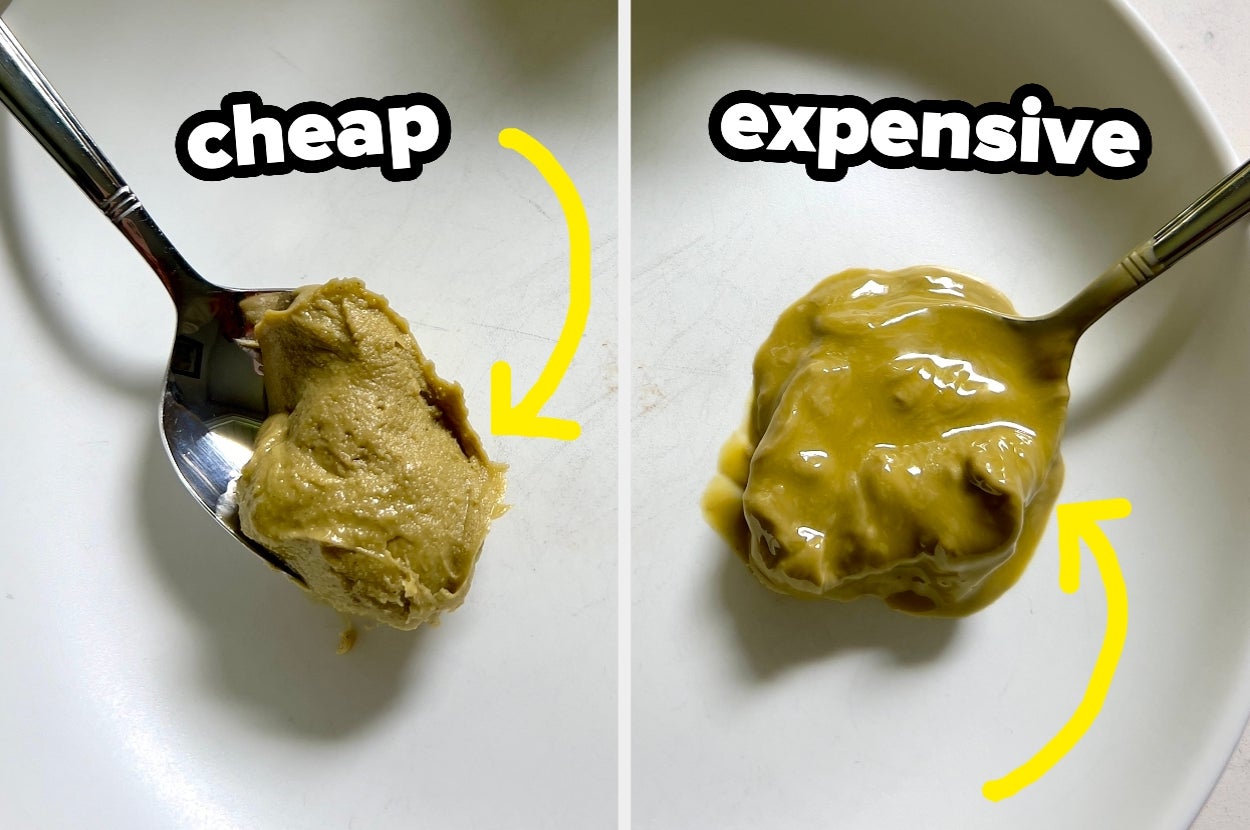 Two spoons with pistachio butter. One labeled "cheap" and the other "expensive" with arrows