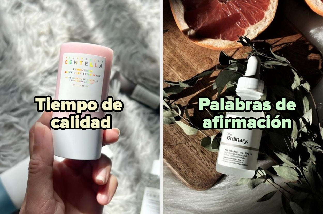 Left: Hand holding a skincare product labeled "Centella." Right: A dropper bottle with "The Ordinary" text, with leaves and a cut grapefruit nearby