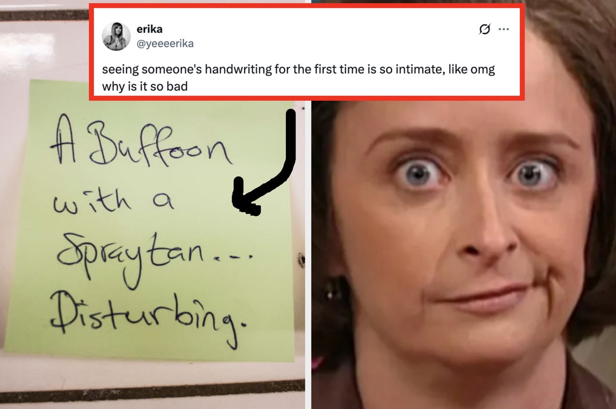 Note reads: "A buffoon with a spray tan... Disturbing." Below, a tweet by erika: "seeing someone's handwriting for the first time is so intimate, like omg why is it so bad."