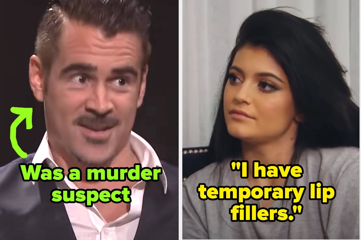 Colin Farrell captioned "was a murder suspect" and Kylie Jenner captioned with her quote "i have temporary lip fillers"