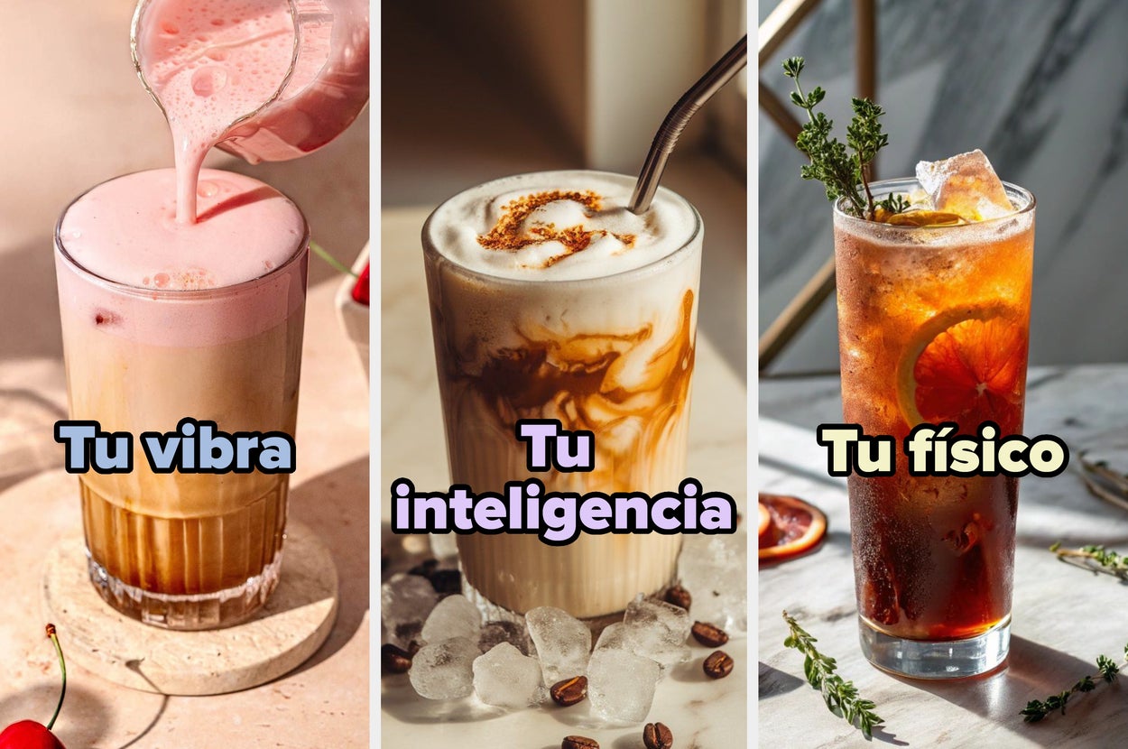 Tres bebidas: café con leche espumosa, café con hielo y té helado con cítricos. Texto: "Tu vibra", "Tu inteligencia", "Tu físico"