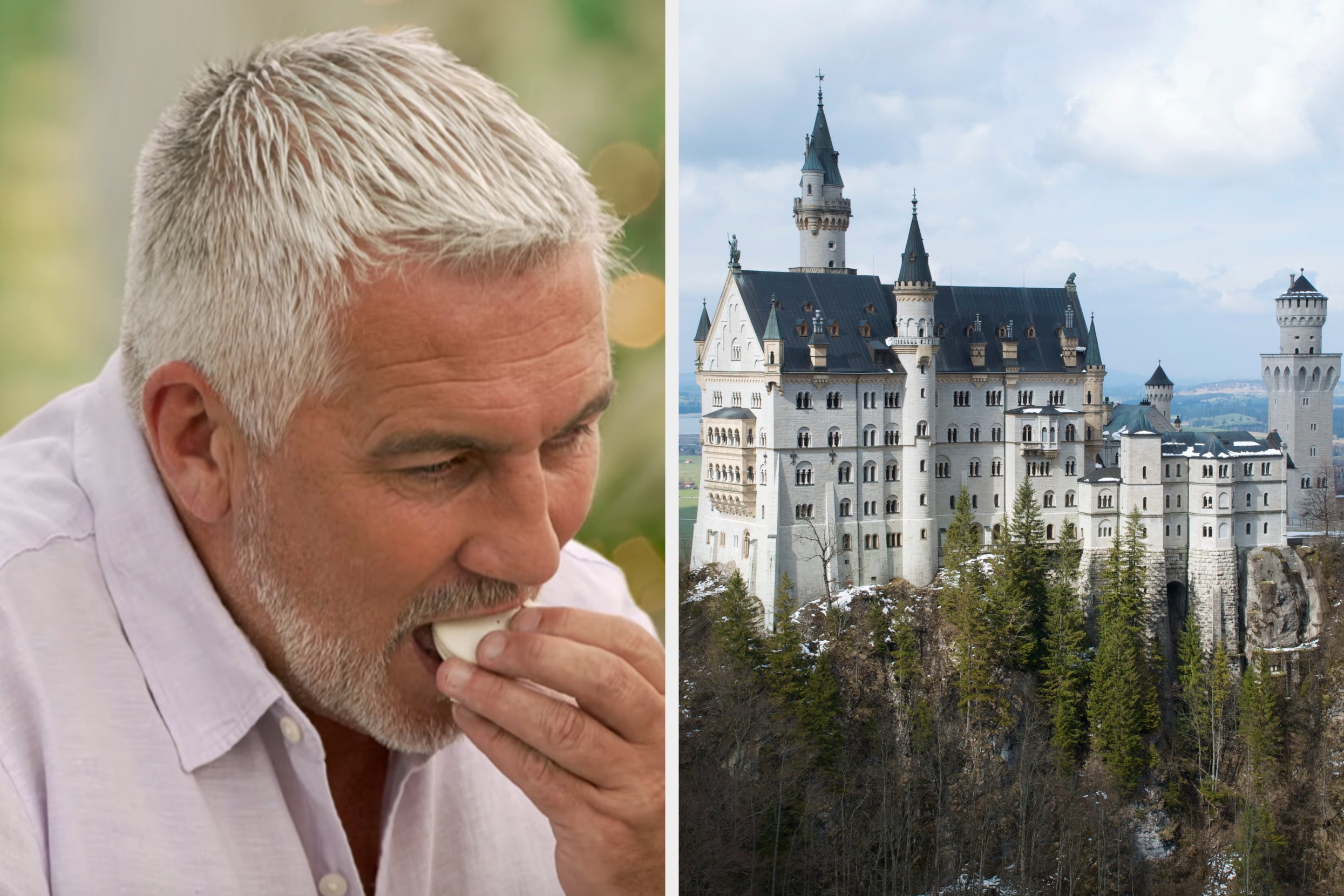 On the left, Paul Hollywood eating a macaron on The Great British Baking Show, and on the right, Neuschwanstein Castle in Germany, nestled among trees and hills
