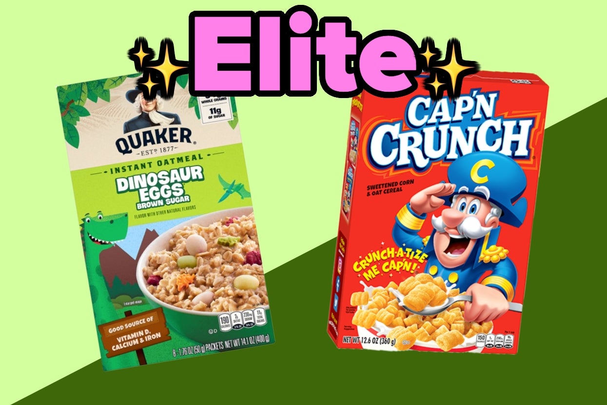 Two cereal boxes: Quaker Dinosaur Eggs oatmeal and Cap’n Crunch. Text above reads "Elite" with decorative stars