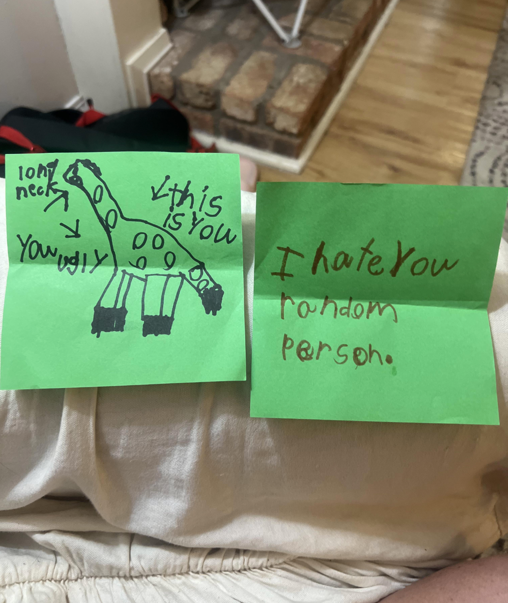 Two sticky notes with childlike writing. Left: drawing of a giraffe labeled &quot;this is you&quot; and &quot;you ugly.&quot; Right: &quot;I hate you random person.&quot;