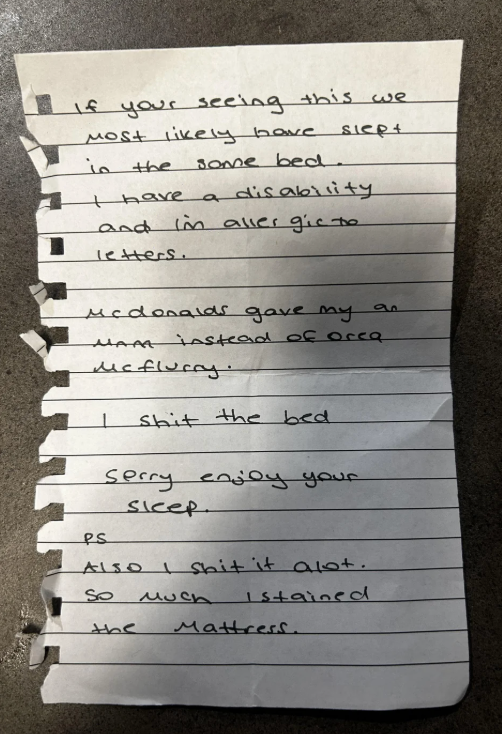 A handwritten note humorously apologizes for staining a bed, blaming a disability and a wrong McDonald&#x27;s order. It mentions frequent bed accidents