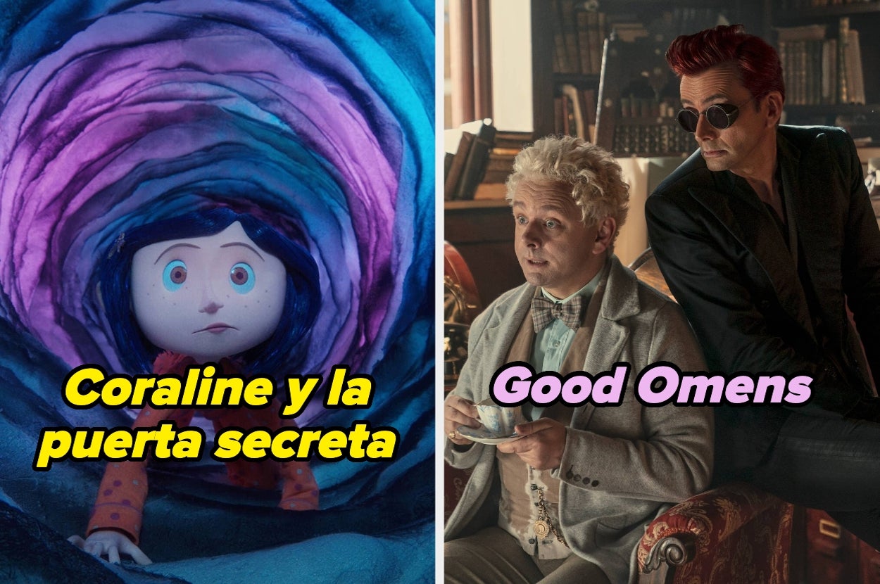 Collage de "Coraline y la puerta secreta" y "Good Omens". Coraline está en un túnel; personajes de "Good Omens" sentados, uno con gafas rojas