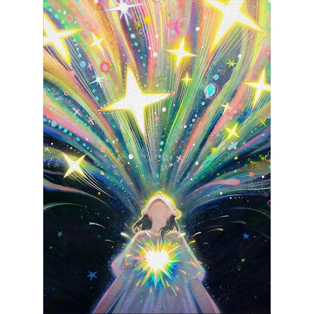 Ilustración de una persona mirando hacia un cielo donde emanan luces y estrellas brillantes sobre ella