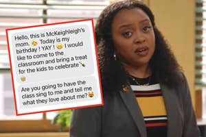 A person stands in an office, expression neutral. Nearby, a text message from a parent asks to visit a classroom to celebrate their birthday with treats