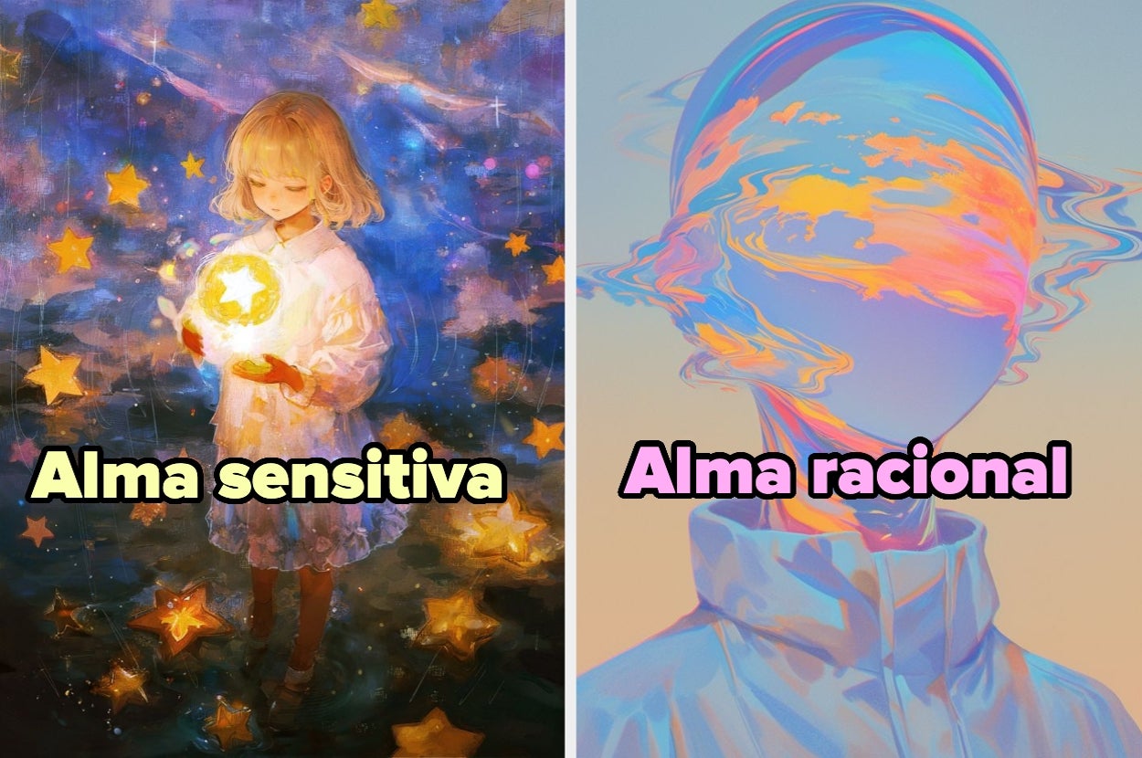 Ilustración dividida: a la izquierda, figura femenina con estrellas y texto "Alma sensitiva"; a la derecha, figura sin rostro con cielo, texto "Alma racional"