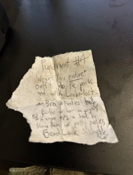 A handwritten note lists &quot;Punishment #4&quot; with tasks like wearing an outfit to the park and additional humorous chores