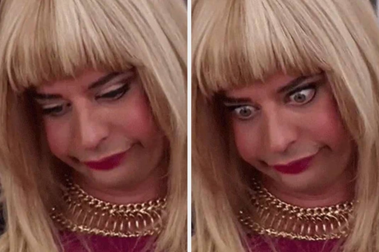 Person with a blonde wig and exaggerated eye makeup, making humorous facial expressions in two side-by-side photos