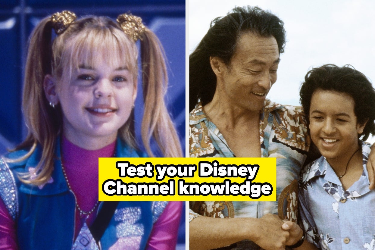 Split image of Kirsten Storms as Zenon, Cary-Hiroyuki Tagawa and Brandon Baker in "Johnny Tsunami." Text: "Test your Disney Channel knowledge"