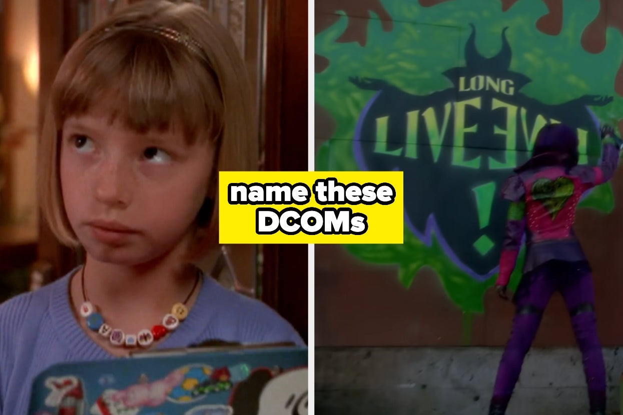 Split image of a girl with short blonde hair holding a clipboard and a girl doing graffiti art on a wall. Text: "name these DCOMs"
