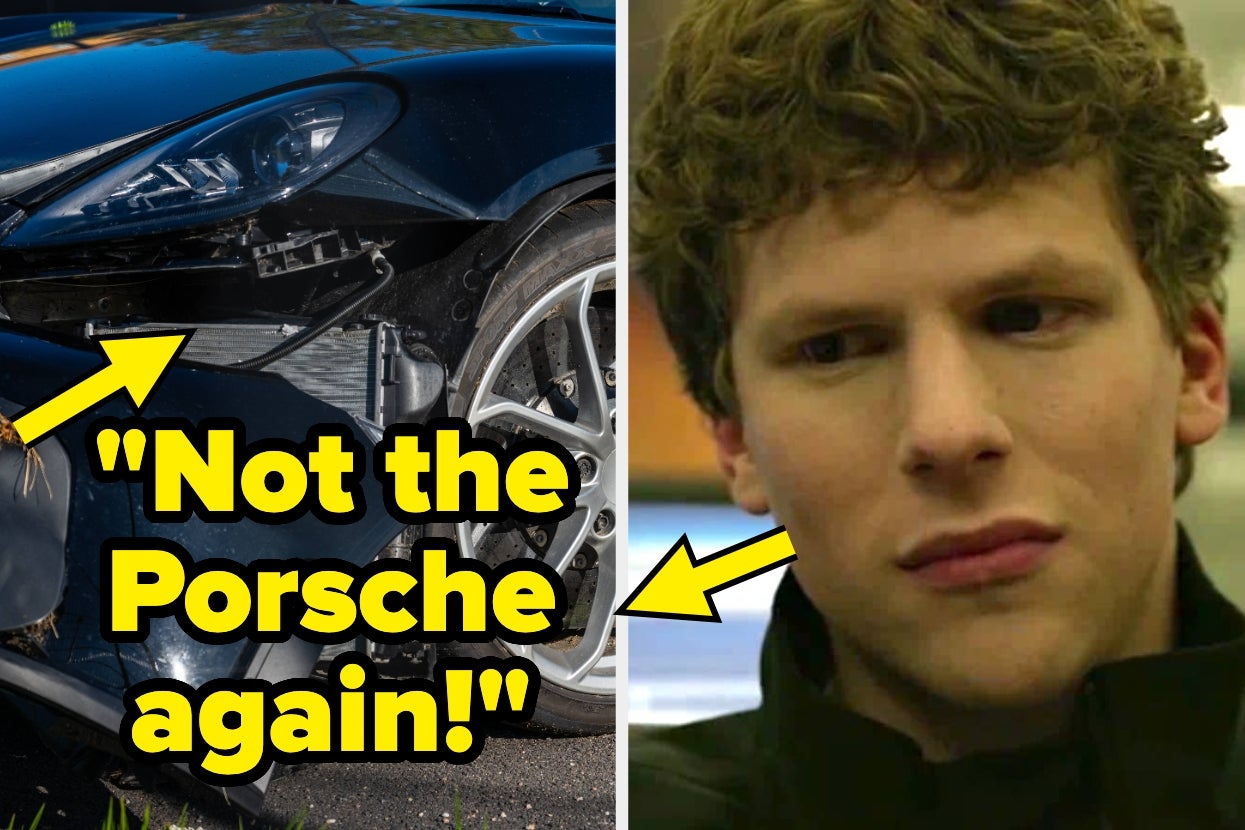Damaged car on left, concerned person on right with text overlay "Not the Porsche again!"