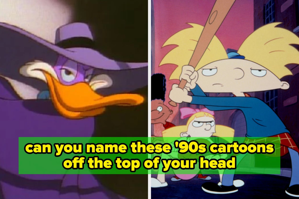 Split image of '90s cartoons: Darkwing Duck on the left, Arnold from Hey Arnold! with a bat on the right. Text asks to name these cartoons