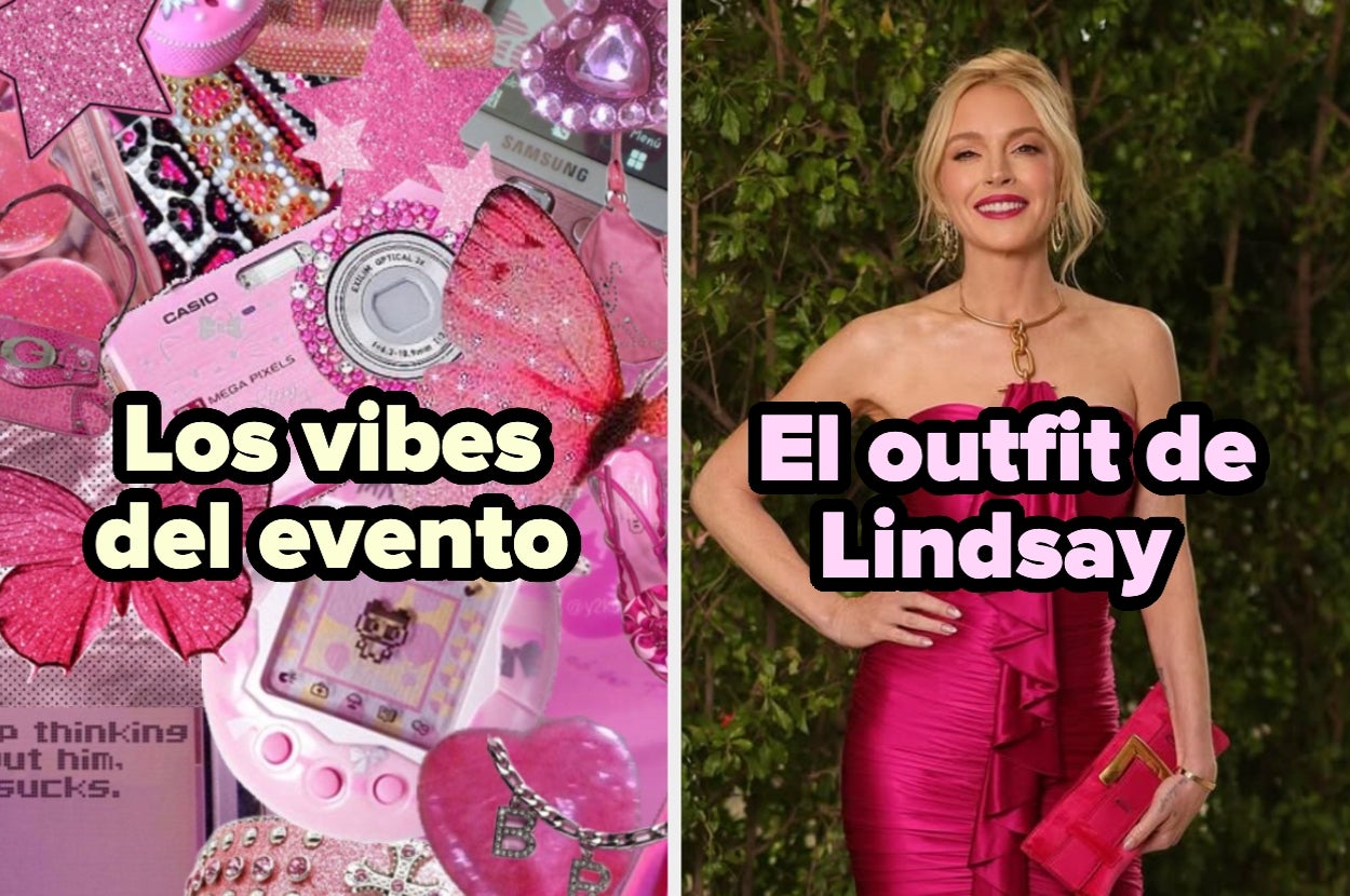 Imagen dividida: collage de objetos retro a la izquierda; a la derecha, persona en elegante vestido de noche. Texto: "Los vibes del evento", "El outfit de Lindsay"