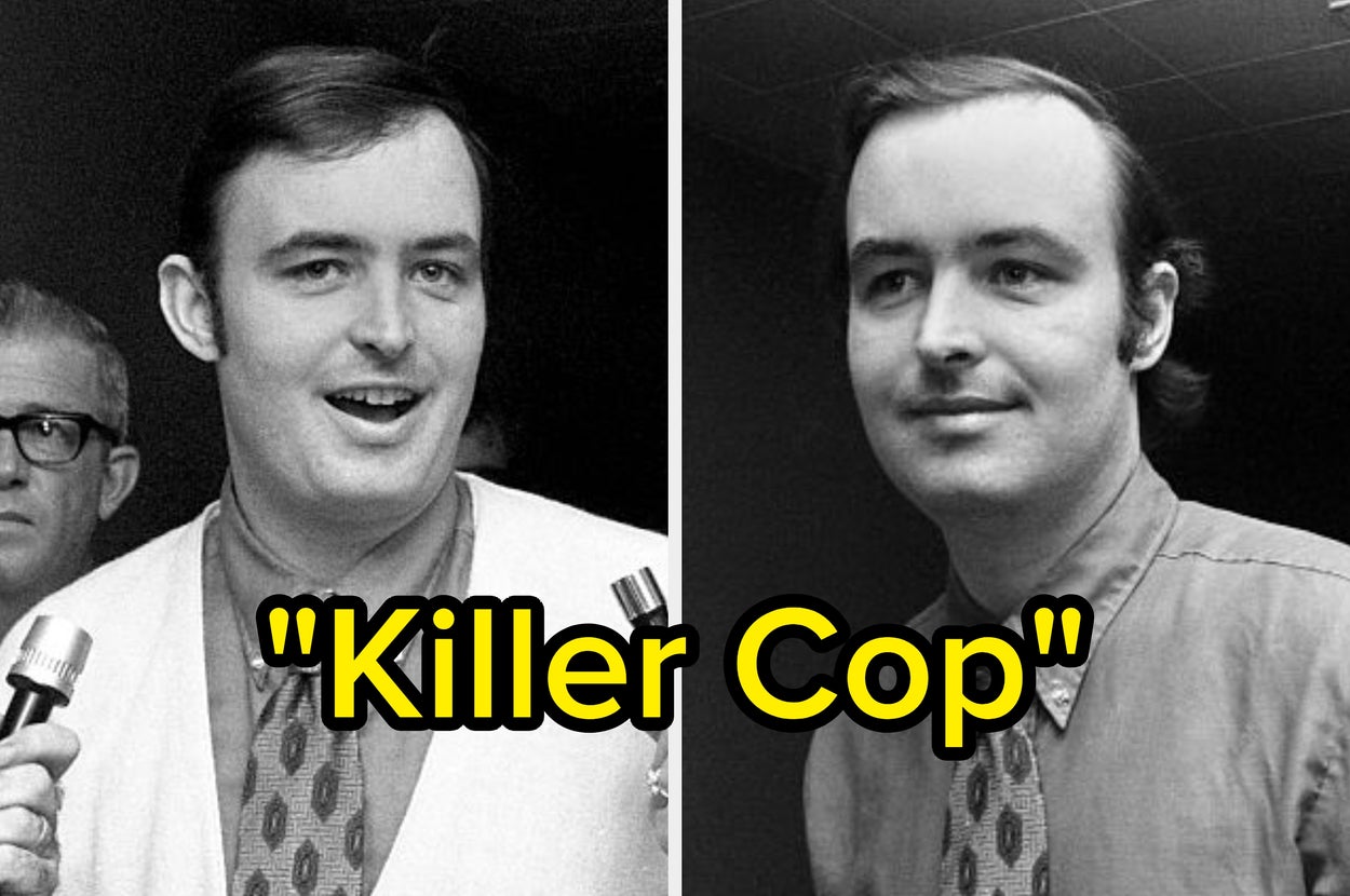 Two side-by-side portraits; left shows a man in a tie and shirt, right a man in a suit. Text reads "Killer Cop" beside the left portrait
