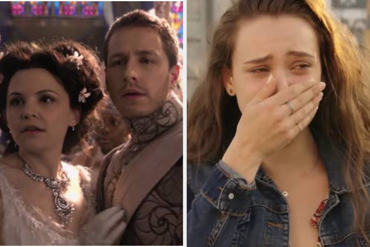 Two side-by-side images: Left shows a couple in elegant, fairy-tale attire. Right shows a person with long hair covering their mouth in emotion