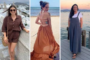 Three women in stylish summer outfits: a brown romper, a flowing backless dress, and a casual pinafore dress, each posing outdoors