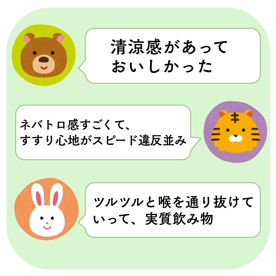 3つのキャラクターによる飲み物の感想: 「清涼感があっておいしかった」「スリル心地がスピード違反並み」「ツルツルと喉を通り抜けていって」