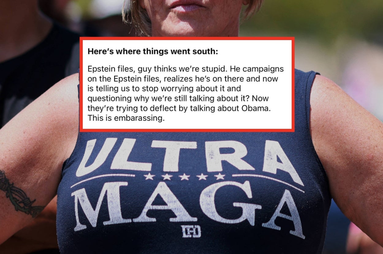 Person wearing an "Ultra MAGA" shirt. Visible text critiques handling of Epstein files and deflection, suggesting embarrassment over the situation