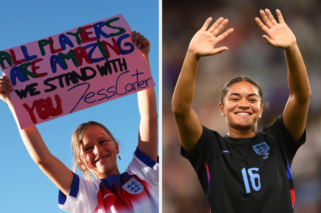 Left: A child holds a sign supporting Jess Carter. Right: A soccer player waves, wearing a black England jersey with number 16