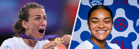 Two soccer players celebrate the 2022 UEFA Women's Euro. One holds a medal; the other wears an England jersey, smiling and pointing at a tournament patch