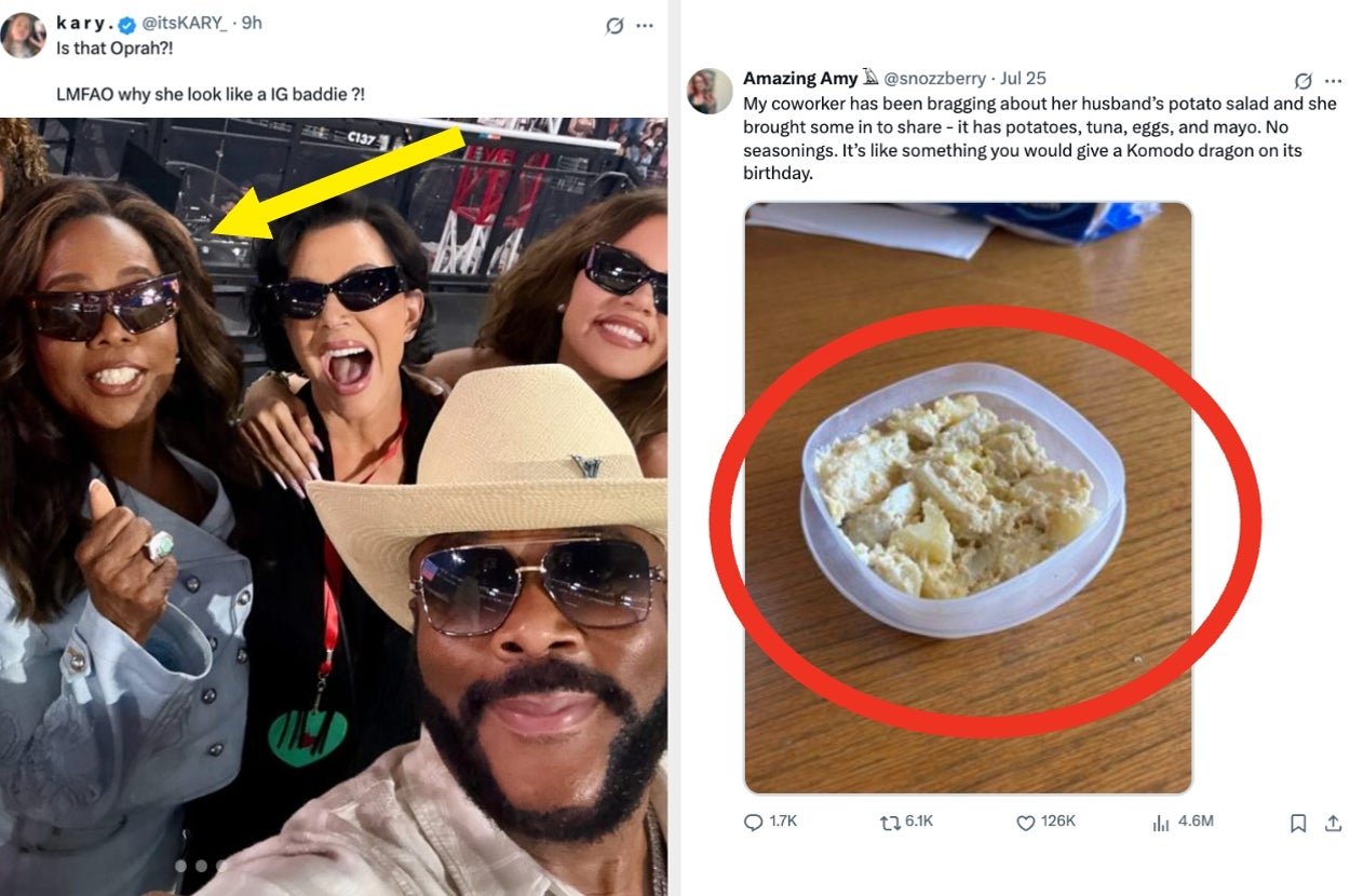 Gayle King, Oprah Winfrey, Tyler Perry, Kris Jenner, and Khloe Kardashian taking a selfie vs a bowl of potato salad