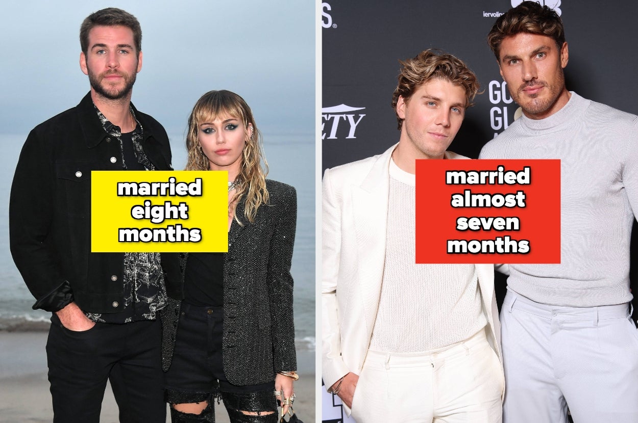 Split image of Liam Hemsworth, Miley Cyrus, Lukas Gage, and Chris Appleton. Text on left: "married eight months" Text on right: "married almost seven months"