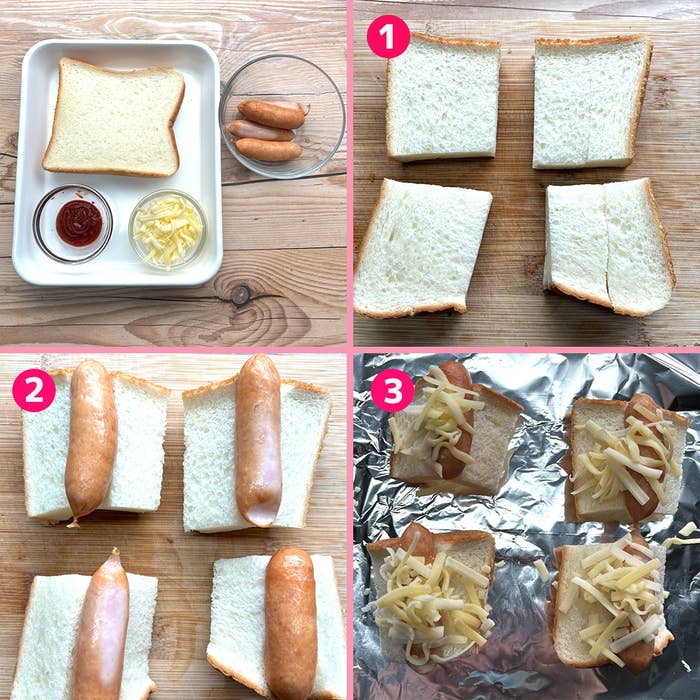 ホットドッグ用パンとソーセージの調理手順を示す3つの画像。スライスされたパンにソーセージとチーズを乗せて焼く。
