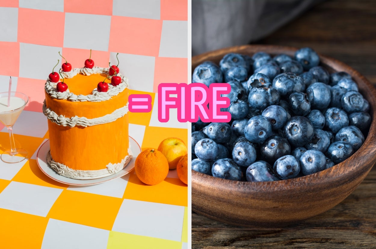 Cake with cherries and oranges on left, bowl of blueberries on right; text says cake equals fire