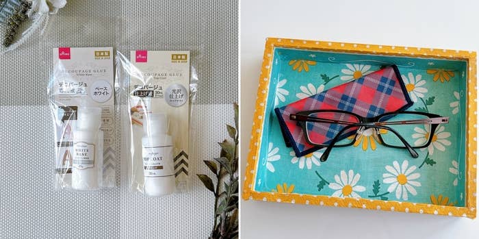 DAISO(ダイソー)の「デコパージュ専用液(ベースホワイト)」「デコパージュ仕上げ液(トップコート)」