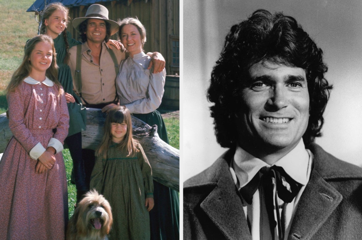 Left: A family from the "Little House on the Prairie" TV show in period attire. Right: A portrait of an actor with curly hair and a necktie