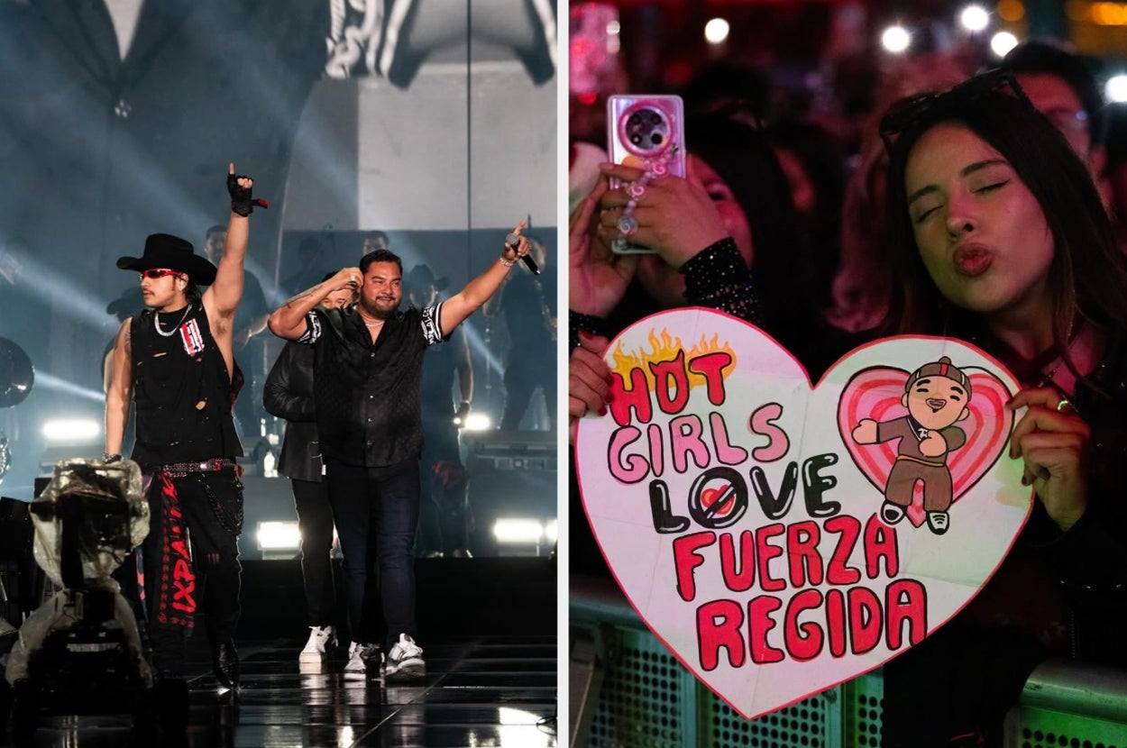 Integrantes de una banda saludan en el escenario; fan entusiasta sostiene cartel en forma de corazón que dice "Hot girls love Fuerza Regida."