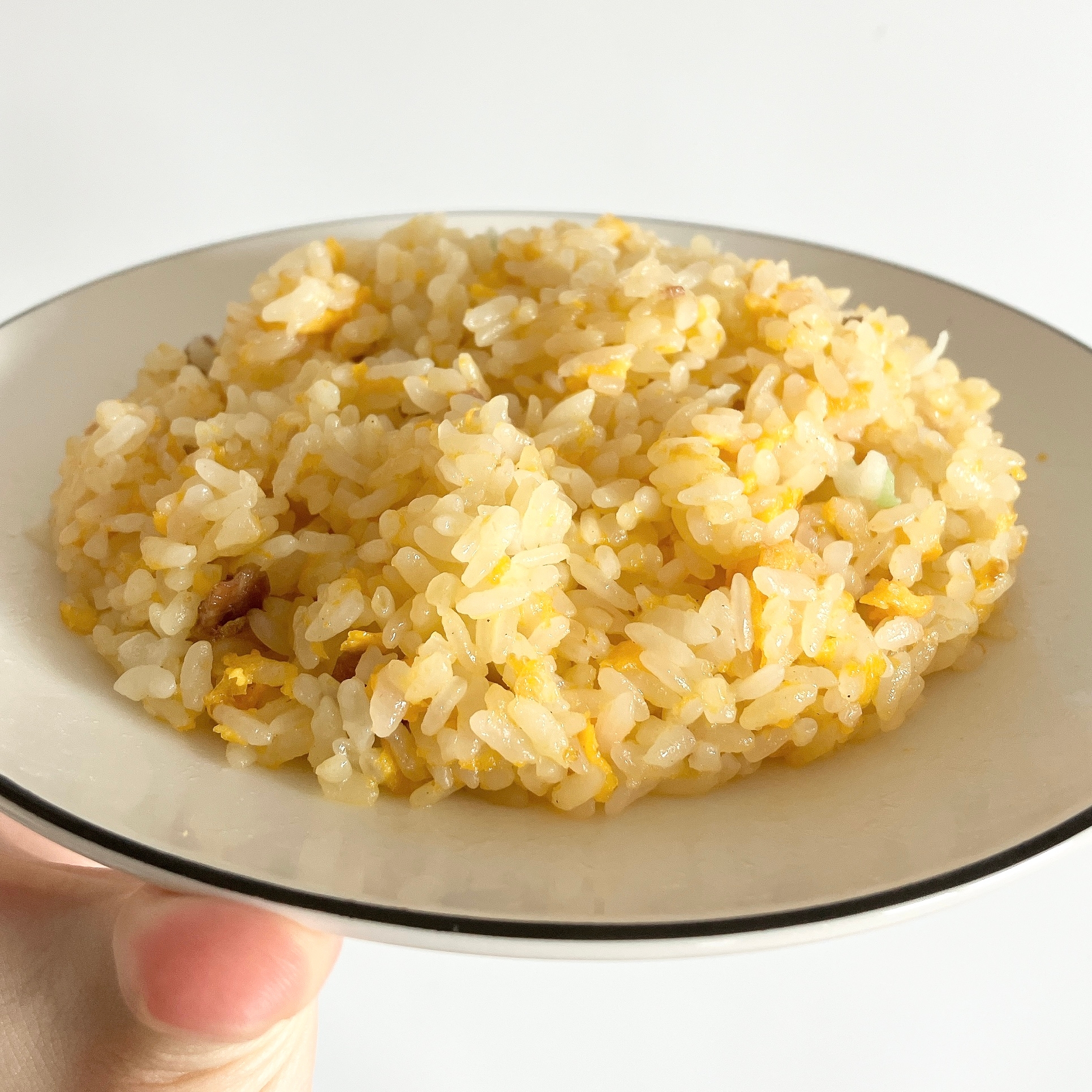 皿に盛られたチャーハン。白い背景の手が持っている。