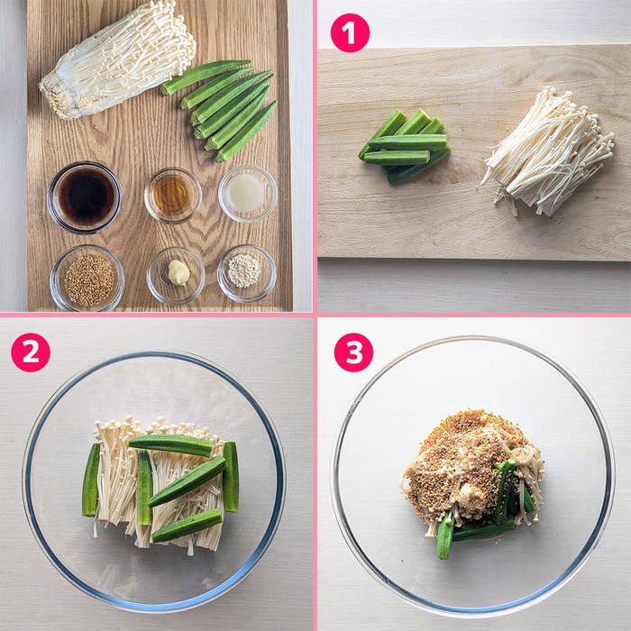 料理手順の画像。えのきとオクラを使った料理のステップ。調味料も映っている。