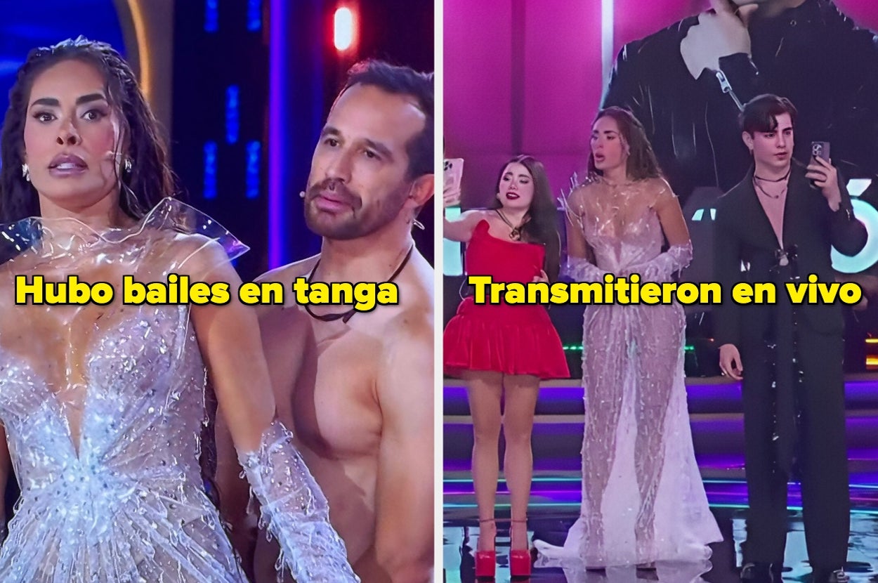 Dos imágenes del set de un programa de televisión con bailarines y presentadores. Textos: "Hubo bailes en tanga" y "Transmitieron en vivo"