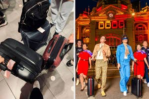 People with suitcases on the left; a group in stylish outfits walking with luggage at night in an urban setting on the right