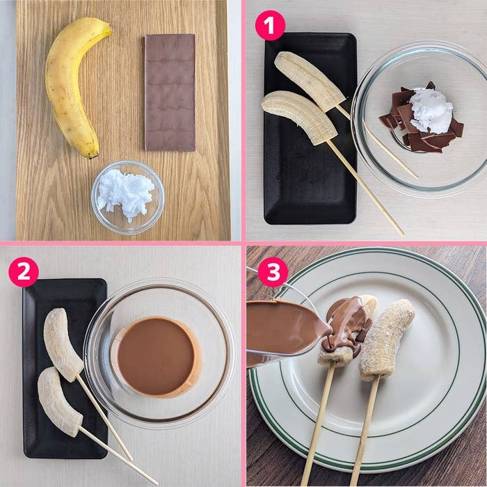 バナナとチョコを使ったデザート作りの手順を示す4枚の画像。バナナにチョコをかけたスナックの作り方。