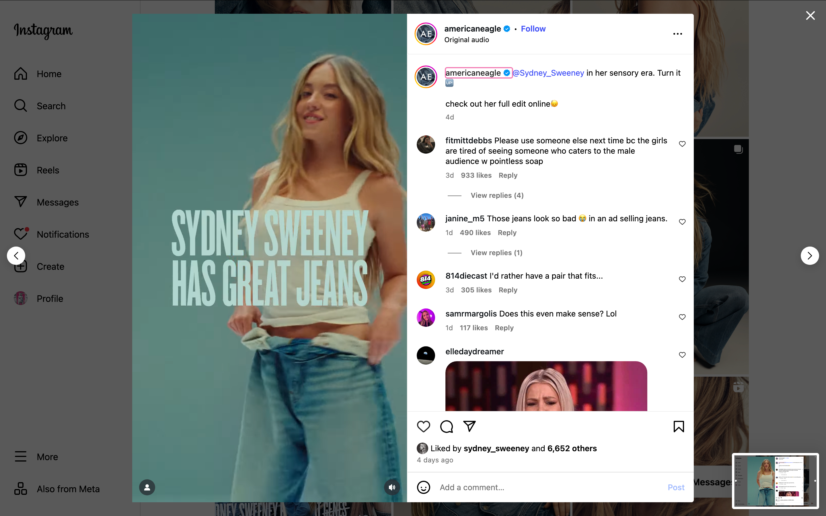 Person in casual jeans and a tank top, with overlay text: "Sydney Sweeney has great jeans."