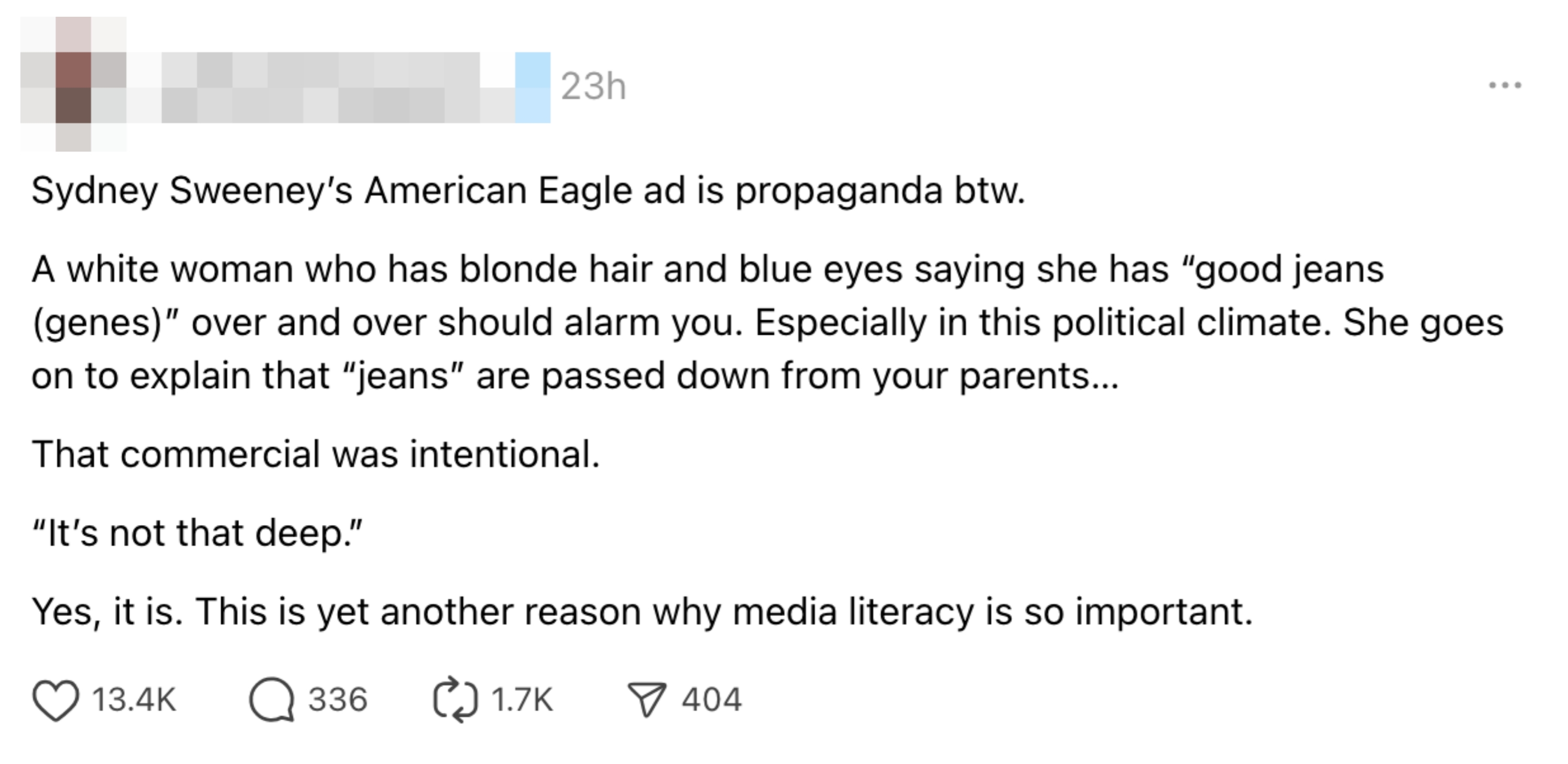 Summary of a social media post discussing the American Eagle ad featuring Sydney Sweeney, highlighting concerns about media literacy and the ad&#x27;s messaging