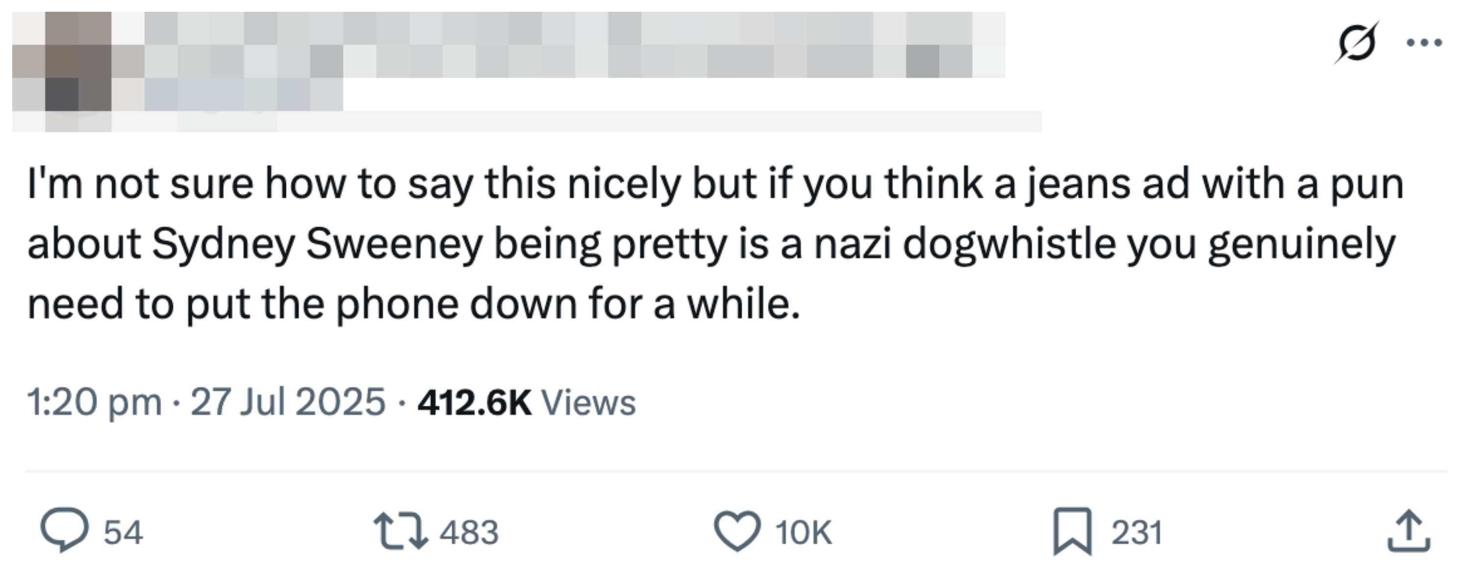 Tweet criticizing overreaction to a jeans ad with a pun about Sydney Sweeney, suggesting users take a break from screens