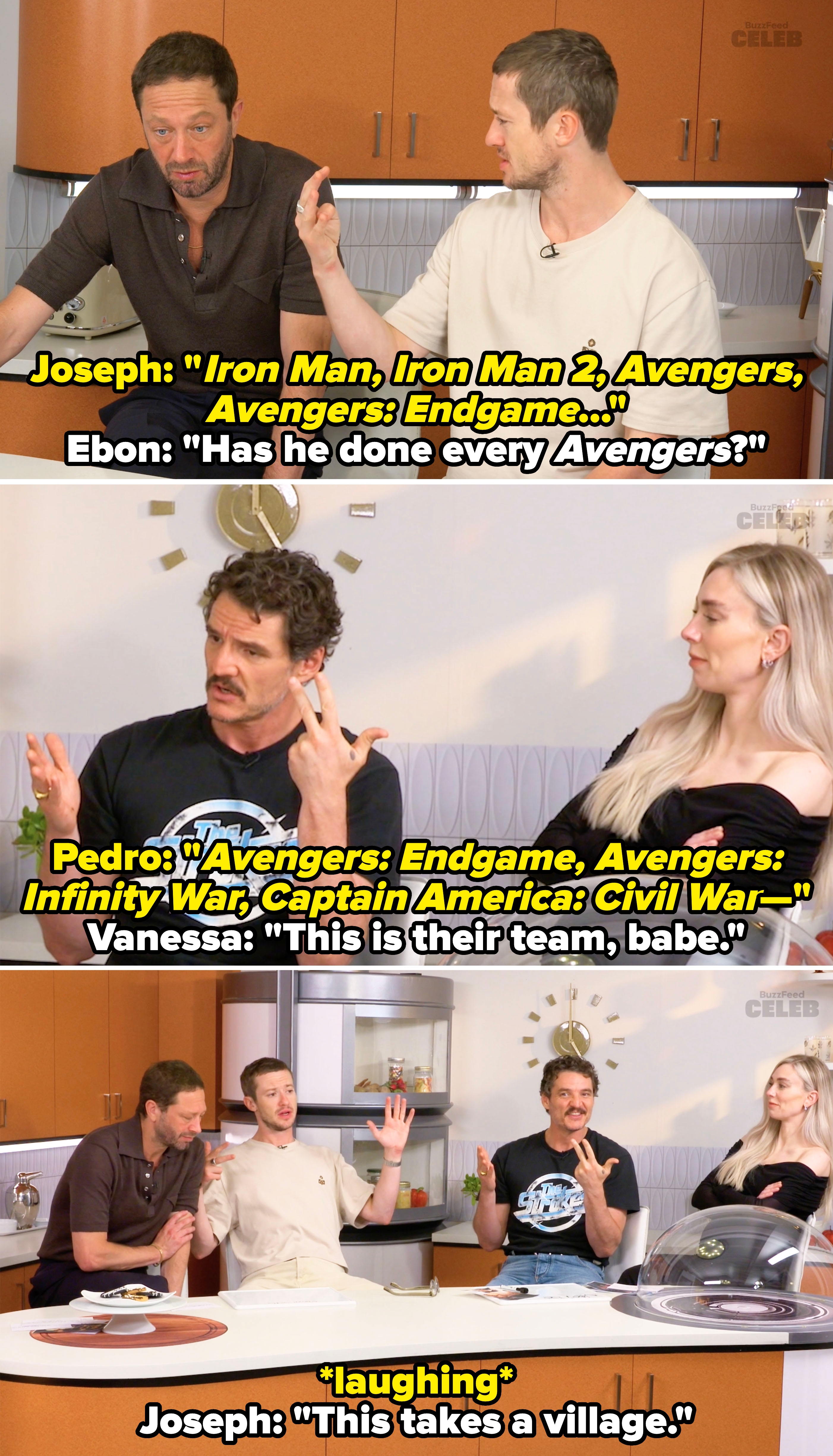 Pedro and Joseph listing Marvel projects Robert Downey Jr. has been in, with Vanessa reminding Pedro he&#x27;s not on Joseph&#x27;s team